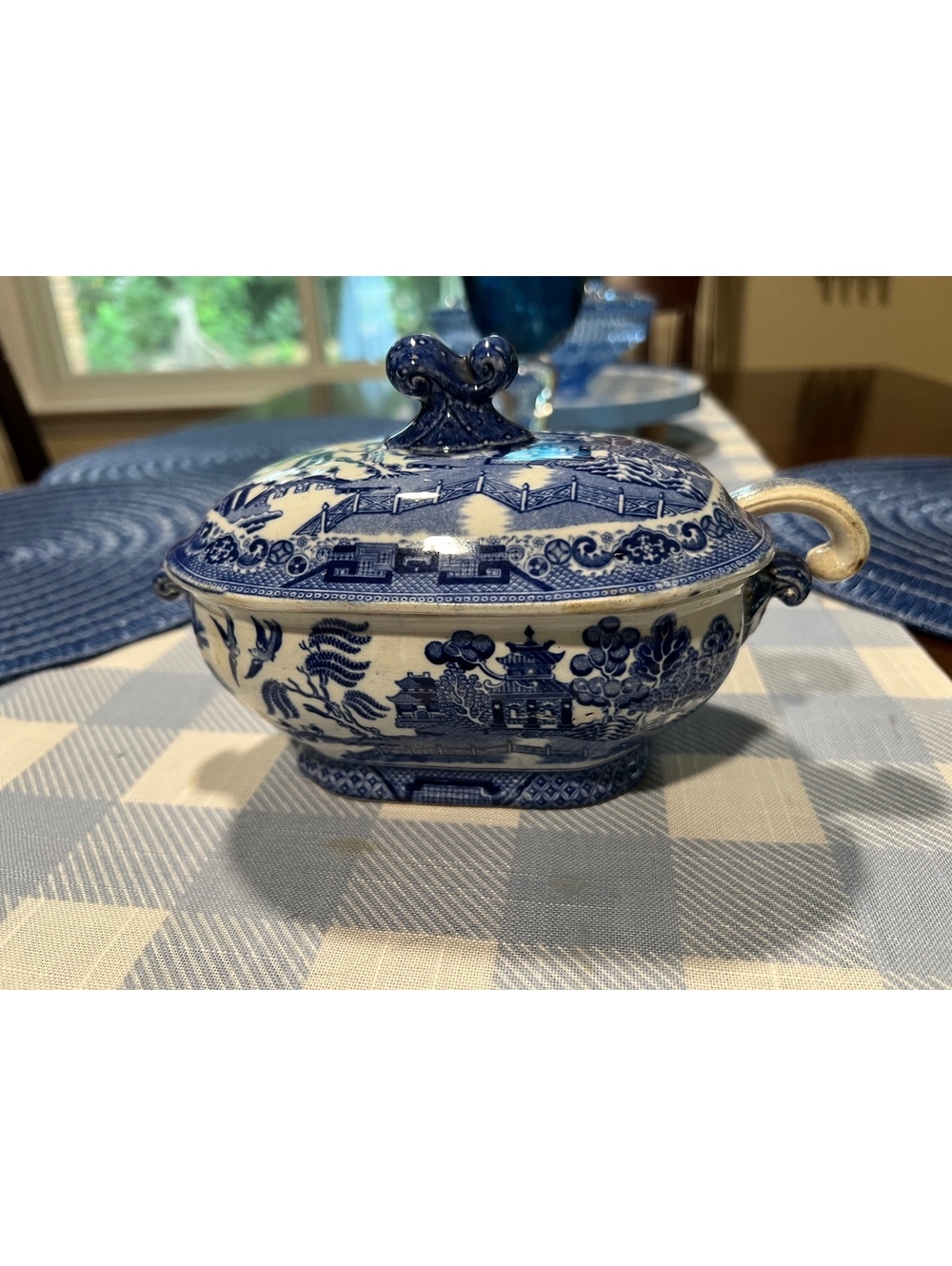 Antique 1800’s 3 pc Staffordshire Blue Willow Mini Covered Tureen Ladel